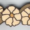 6" X 2 1/8" X 1/4"
Woods used: Aspen, Poplar, Satinwood, Walnut.
This was the main subject of my first, 'How To', magazine article in,
 "Scroll Saw Woodworking and Crafts".